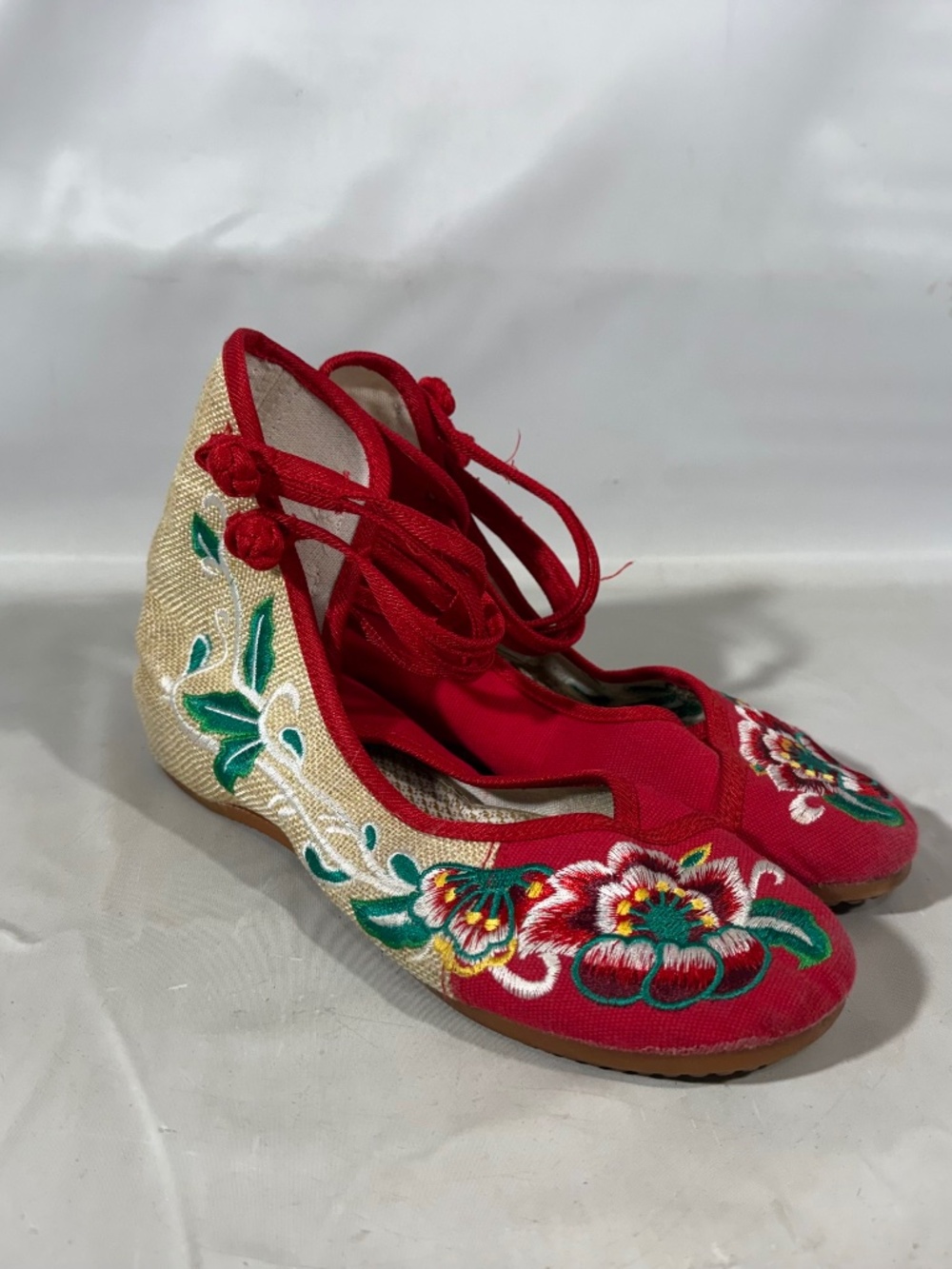 Women Chinese Folk Embroidered Flat Shoes Floral Cloth Mary Jane Casual Size 7.5